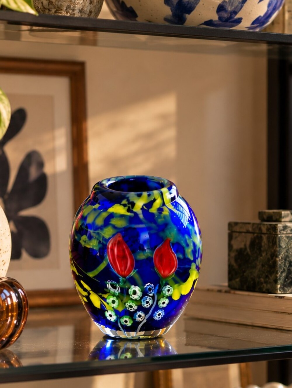 Cobalt Blue Hand Blown Art Glass Vase • Floral Millefiori Style 6"